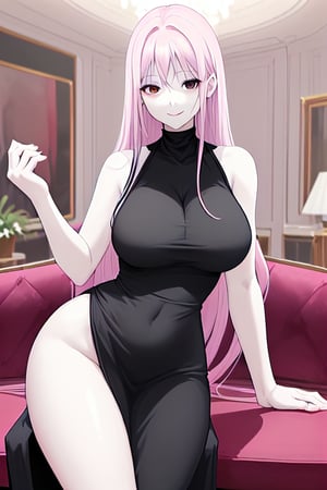 Woman, with a calm smile, slightly tired look, black eyes, long and straight hair, pale pink hair color, large breasts, wide hips, dressed in a low-cut, sleeveless black dress, somewhat elegant dress, background: living room of an elegant house