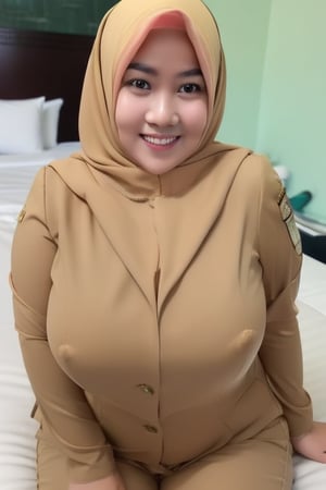 indonesian woman wearing hijab pns, chubby face, beautiful woman, big breast, curvy body, chubby body, full body, pns suit tight, on the bed in the room hotel