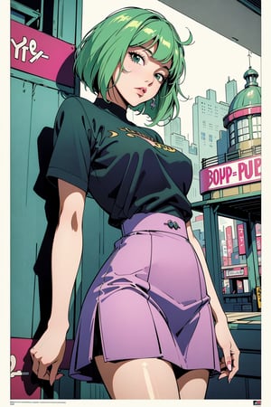 (80's, retro, city pop poster:1.5), (album cover), (masterpiece, best quality), (anime, illustration), best photo pose, dynamic angle, cowboy shot, girl, solo, perfect detail eyes, delicate face, green eyes, bob_cut, high fashion,short hair, bob_cut, black shirt, pink skirt,