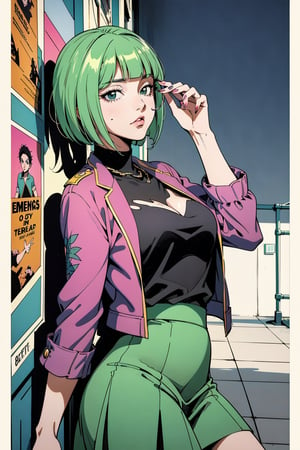 (80's, retro, city pop poster:1.5), (album cover), (masterpiece, best quality), (anime, illustration), best photo pose, dynamic angle, cowboy shot, girl, solo, perfect detail eyes, delicate face, green eyes, bob_cut, high fashion,short hair, bob_cut, black shirt, pink skirt, shades, pink nails, sunglasses, red jacket,