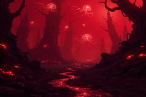 A desolate, crimson-hued alien terrain stretches out before us, illuminated by an eerie bioluminescent glow emanating from twisted, ethereal flora. Amidst the eerie illumination, translucent jellyfish-like creatures drift lazily through the air, their delicate tendrils undulating like ghostly tentacles.