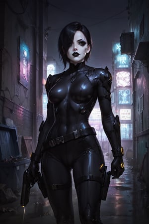 Score_9, score_8_up, score_7_up,Expressiveh,concept art,dark theme,Extremely Realistic, realistic, masterpiece, 1girl, solo, black hair, gloves, weapon, belt, gun, bodysuit, black circle painted over one eye, pale white skin, handgun, black lipstick, (,ruanyi0724,neon lights,power lines,alley), (((heavy black eye makeup, black makeup on cheek))),  