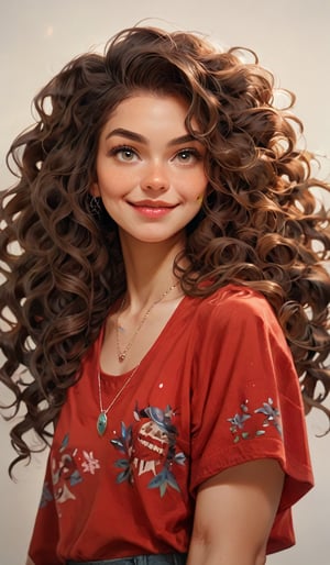 score_9, score_8_up, score_7_up,score_6_up, 16k,1girl, solo, long hair, looking at viewer, smile, brown hair, shirt, jewelry, upper body, necklace, lips, wavy hair, red shirt, curly hair, realistic