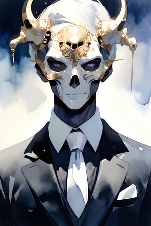 A close-up shot of a man in a sleek black suit, crisp white necktie, and a striking silver metallic skull mask that catches the light. He sits confidently, his gaze directed at the camera, his features subtly illuminated by soft overhead lighting. The dark background accentuates the sharp lines of his attire, while the metallic mask adds an air of mystery to his enigmatic expression. watercolor \(medium\)