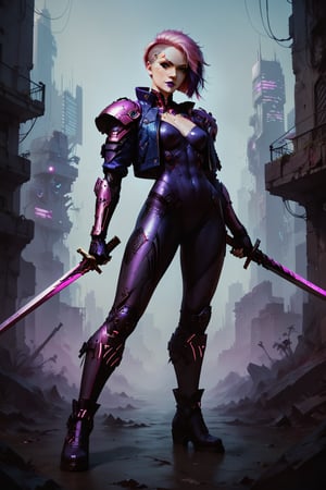 Score_9, score_8_up, score_7_up,Expressiveh,concept art,dark theme,Extremely Realistic, realistic, masterpiece, 8k, 1girl, solo, breasts, looking at viewer, short hair, holding, medium breasts, standing, jacket, weapon, pink hair, purple hair, multicolored hair, boots, sword, holding weapon, armor, two-tone hair, bodysuit, makeup, scar, facial mark, holding sword, lipstick, shoulder armor, dual wielding, asymmetrical hair, leather, undercut, facial tattoo, purple lips, cyberpunk,CyberpunkWorld