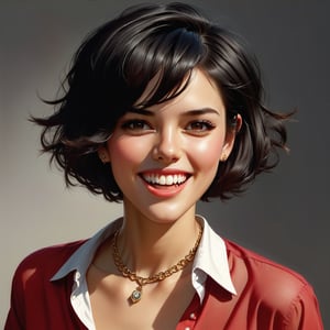 score_9, score_8_up, score_7_up, photorealistic, masterpiece, 16k, 1girl, solo, short hair, looking at viewer, smile, open mouth, black hair, shirt, brown eyes, jewelry, teeth, grin, red shirt, realistic,((beautypinupart))