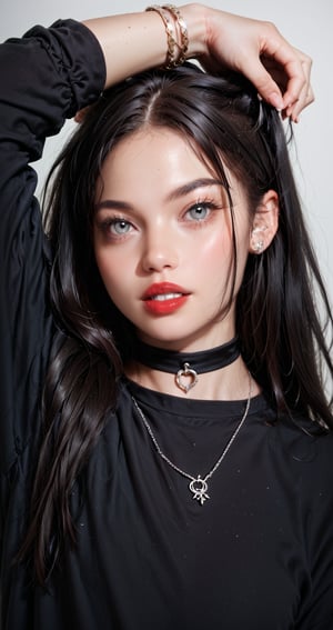 Score_9, score_8_up, score_7_up, 16k, 1girl, solo, long hair, looking at viewer, shirt, black hair, long sleeves, jewelry, upper body, parted lips, teeth, choker, necklace, arm up, bracelet, grey eyes, black shirt, realistic, red lips