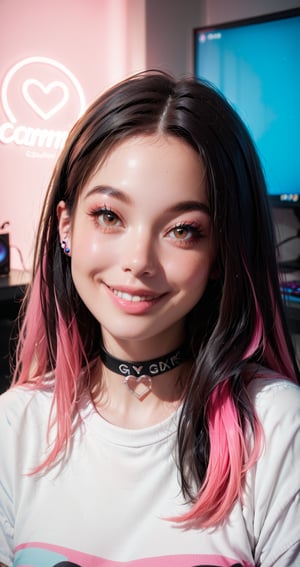 Score_9, score_8_up, score_7_up, 16k, gamer girl bedroom, streamer bedroom, neon light,, 1girl, solo, long hair, looking at viewer, smile, black hair, brown eyes, jewelry, pink hair, multicolored hair, choker, necklace, two-tone hair, lips, makeup, fishnets, portrait, realistic, nose