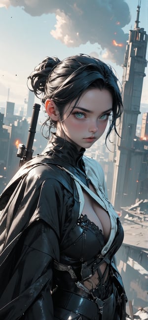 (best quality,4k,8k,highres,masterpiece:1.2),ultra-detailed,realistic, FLUX_QTNimE_2,NiJi_2_FLUX,REALNIME 

Elara, a lithe and agile female elf, stands atop a ruined skyscraper's rubble-strewn roof, her piercing emerald eyes scanning the desolate landscape through the scope of her worn sniper rifle. Her raven-black hair is tied back in a ponytail, exposing her pointed ears and angular features. A tattered white cloak billows behind her like a cloud. The crumbling cityscape stretches out before her, a testament to humanity's downfall. In the distance, smoke rises from burning ruins.