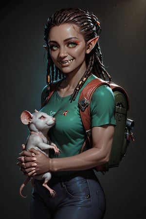 Score_9, score_8_up, score_7_up,Expressiveh,concept art,dark theme,Extremely Realistic, realistic, masterpiece, 16k, 1girl, sfw, solo, upper body, side view, long hair, smile, brown hair, dreadlocks, braids, pointy ears, lower tusks, orc, olive green t-shirt, plain t-shirt, black jeans, backpack, (((holding animal in hands, black rats, pet rats))) (shadowrun_character, shadowrun_surface, shaman, high-tech lowlife, cyberpunk)