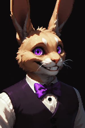 Score_9, score_8_up, score_7_up,Expressiveh,concept art,dark theme,Extremely Realistic, realistic, masterpiece, 16k, solo, looking at viewer, smile, simple background, tan fur, bow, animal ears, purple eyes, upper body, male focus, teeth, bowtie,, rabbit ears, grin, vest, no humans, black background, furry, purple bow, rabbit, purple bowtie, whiskers, horror \(theme\),(((Pixel_Art)))