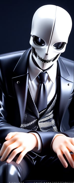 A close-up shot of a man in a black suit and white necktie, his face obscured by a striking silver metallic skull mask. He sits confidently, his hands clasped together on the armrest of a sleek, modern chair, surrounded by dimly lit, industrial-inspired surroundings with neon-lit pipes and machinery humming softly in the background.