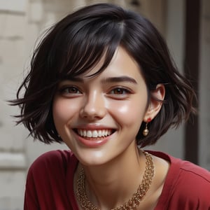 score_9, score_8_up, score_7_up, photorealistic, masterpiece, 16k, 1girl, solo, short hair, looking at viewer, smile, open mouth, black hair, shirt, brown eyes, jewelry, teeth, grin, red shirt, realistic,