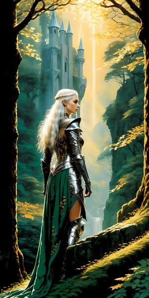 A medieval-inspired fantasy scene: A female elven knight stands tall on a moss-covered stone wall, her long silver hair flowing in the gentle breeze. Her slender yet athletic physique is clad in shining chainmail armor, adorned with intricate engravings of leaves and vines. The warm sunlight casts a golden glow on her features as she gazes out at the misty forest below, her piercing emerald eyes gleaming with quiet determination.

Score_9, score_8_up, score_7_up, 16k, best quality, 4K, masterpiece, 8K, UHD drawing, ultra quality, more detail XL, detailed, very detailed, ultra detailed, realistic, masterpiece of graphic art, drawing by Luis Royo, very detailed, ink drawing, tenebrism, graphic novel style, intense colors, vibrant colors , chromatic aberration, UHD, 8K, sharp focus, boke,