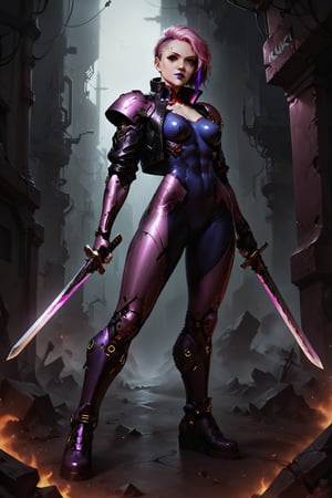 Score_9, score_8_up, score_7_up,Expressiveh,concept art,dark theme,Extremely Realistic, realistic, masterpiece, 8k, 1girl, solo, breasts, looking at viewer, short hair, holding, medium breasts, standing, jacket, weapon, pink hair, purple hair, multicolored hair, boots, sword, holding weapon, armor, two-tone hair, bodysuit, makeup, scar, facial mark, holding sword, lipstick, shoulder armor, dual wielding, asymmetrical hair, leather, undercut, facial tattoo, purple lips, cyberpunk,cyborg,occultist,Techno-witch,DonMCyb3rN3cr0XL 