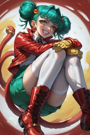 score_9, score_8_up, score_7_up, high resolution,
BREAK,
​nsfw, 1girl, bishoujo, cute, beautiful, sexy, 18 years old, green hair, twin bun hairstyle, red leather jacket, white t-shirt with a red smiley face style logo featuring a Cheshire Cat like grin, green skirt, white knee highs, red leather ankle boots, yellow fingerless gloves, earrings, BREAK