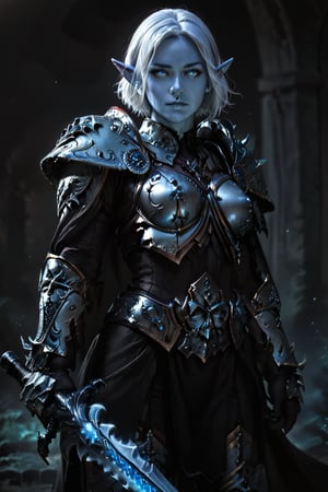 Score_9, score_8_up, score_7_up,Expressiveh,concept art,dark theme,Extremely Realistic, realistic, masterpiece, 1girl, solo, short hair, blue eyes, weapon, white hair, pointy ears, signature, armor, glowing, colored skin, elf, shoulder armor, gauntlets, pauldrons, breastplate, blue skin, white eyes,wearing arth4s armor