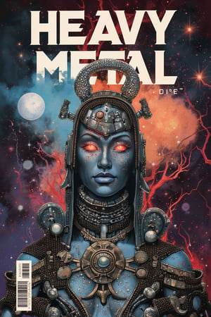 PT[WPM], (Perfectly recreate the logo of Heavy Metal magazine and use the correct font and design for the text "Heavy Metal" as the world famous magazine:1.4), Generate a cover for the magazine "Heavy Metal featuring:  psionic deity, 1girl, extremely vibrant colours, normal skin Highly detailed, highly cinematic, close-up image of a deity of magic, perfect composition, psychedelic colours, magical flowing water, forest nature, lots of details, star supernova nebula metallic ink, beautifully lit, a fine art painting by drew struzan and karol bak, gothic art, dark and mysterious, ilya kuvshinov, russ mills, dragonlike
