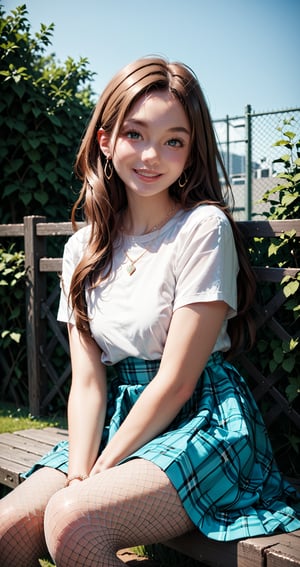 Score_9, score_8_up, score_7_up, 1girl, solo, long hair, looking at viewer, smile, brown hair, shirt, dress, jewelry, sitting, white shirt, short sleeves, pantyhose, outdoors, parted lips, day, necklace, plaid, fishnets, fence, fishnet pantyhose, plaid dress