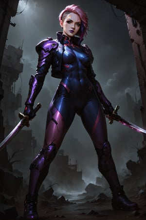 Score_9, score_8_up, score_7_up,Expressiveh,concept art,dark theme,Extremely Realistic, realistic, masterpiece, 8k, 1girl, solo, breasts, looking at viewer, short hair, holding, medium breasts, standing, jacket, weapon, pink hair, purple hair, multicolored hair, boots, sword, holding weapon, armor, two-tone hair, bodysuit, makeup, scar, facial mark, holding sword, lipstick, shoulder armor, dual wielding, asymmetrical hair, leather, undercut, facial tattoo, purple lips, cyberpunk