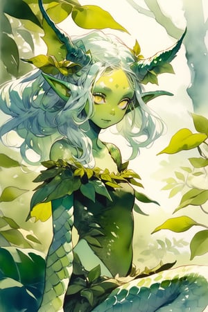 Score_9, score_8_up, score_7_up, SFW, realistic, masterpiece, 16k, 1girl, solo, grinning, long hair, leaf clothing, leaf dress, small breasts, green hair, collarbone, highly detailed eyes, yellow eyes, ((monster skin, colored skin, green skin, non-human skin tone)), dark green lipstick, pointed ears, elf ears, full body shot, parted lips, solo focus, lips, leaf, plant,plant girl, nature, monster girl, leaves blowing in the wind,watercolor \(medium\),pencil sketch