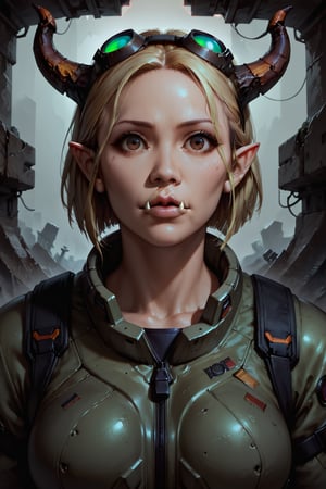 Score_9, score_8_up, score_7_up,Expressiveh,concept art,dark theme,Extremely Realistic, realistic, masterpiece, 16k, SFW, concrete bunker, 1girl, solo, looking at viewer, upper body, short hair, blonde hair, brown eyes, broad shoulders, broad face, no neck, muscular, pointy ears, ((lower tusks, lower jaw tusks, four small horns))), tan skin, full lips, cyberpunk goggles, goggles on head, nose, military combat suit, black combat suit, army green tactical jacket, army green pants, (((shadowrun_surface,high-tech lowlife, shadowrun_character)))