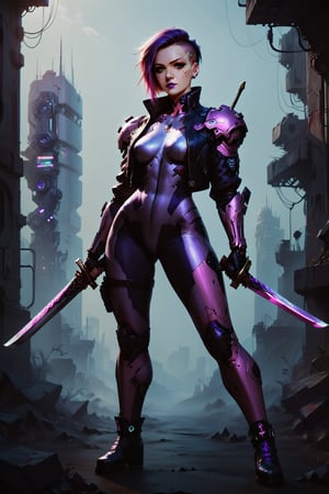 Score_9, score_8_up, score_7_up,Expressiveh,concept art,dark theme,Extremely Realistic, realistic, masterpiece, 8k, 1girl, solo, breasts, looking at viewer, short hair, holding, medium breasts, standing, jacket, weapon, pink hair, purple hair, multicolored hair, boots, sword, holding weapon, armor, two-tone hair, bodysuit, makeup, scar, facial mark, holding sword, lipstick, shoulder armor, dual wielding, asymmetrical hair, leather, undercut, facial tattoo, purple lips, cyberpunk,CyberpunkWorld