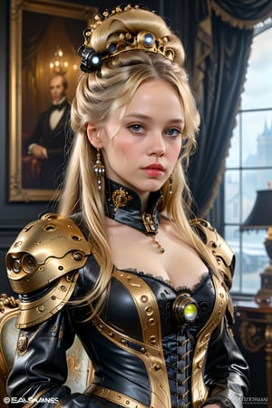 Elegantism, opulent scene, full portrait of a Victorian lady, heroic, black clothes, gold trim, Victorian bedroom, head and shoulders portrait, 8k resolution. (masterpiece, top quality, best quality, official art, beautiful and aesthetic:1.2), (1girl:1.4), upper body, blonde hair, portrait, extreme detailed, in the style of esao andrews,style,oil paint ,concept,fantasy,cyberpunk style