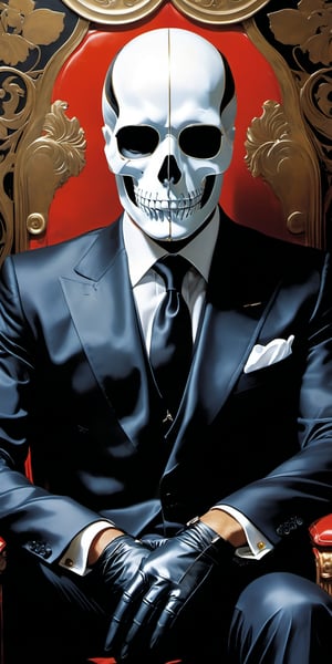 A close-up shot of a man in a sleek black suit with a crisp white necktie, his face obscured by a striking silver metallic skull mask. He sits confidently, one hand resting on the armrest, while the other cradles a cigarette holder. The dimly lit room's warm tones highlight the metallic sheen of the mask, as the man exudes an air of mystery and sophistication.