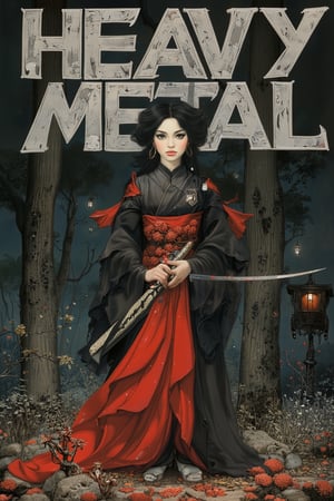 PT[WPM], (Perfectly recreate the logo of Heavy Metal magazine and use the correct font and design for the text "Heavy Metal" as the world famous magazine:1.4), Generate a cover for the magazine "Heavy Metal featuring: (ethereal dark fairy tale by Nicola Samori, JC Leyendecker), young anime girl standing thé ground in a dark forest holding a bloody katana with the tip pointing up, dark red kimono, chrysanthemum floral décoration, (dark + gothic, + foreboding background:1.4), more detail XL