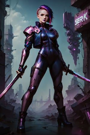 Score_9, score_8_up, score_7_up,Expressiveh,concept art,dark theme,Extremely Realistic, realistic, masterpiece, 8k, 1girl, solo, breasts, looking at viewer, short hair, holding, medium breasts, standing, jacket, weapon, pink hair, purple hair, multicolored hair, boots, sword, holding weapon, armor, two-tone hair, bodysuit, makeup, scar, facial mark, holding sword, lipstick, shoulder armor, dual wielding, asymmetrical hair, leather, undercut, facial tattoo, purple lips, cyberpunk,CyberpunkWorld