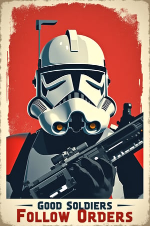 Score_9, score_8_up, score_7_up, 16k, show a vintage art style poster of a Clone Trooper from Star Wars:1.5, (Wearibg Clone Trooper Helmet), The poster should contain clear and legibile text saying "Good Soldiers Follow Orders" and the Imperial symbol:1.5,