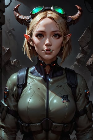 Score_9, score_8_up, score_7_up,Expressiveh,concept art,dark theme,Extremely Realistic, realistic, masterpiece, 16k, SFW, concrete bunker, 1girl, solo, looking at viewer, upper body, short hair, blonde hair, brown eyes, broad shoulders, broad face, no neck, muscular, pointy ears, ((lower tusks, lower jaw tusks, four small horns))), tan skin, full lips, cyberpunk goggles, goggles on head, nose, military combat suit, black combat suit, army green tactical jacket, army green pants, (((shadowrun_surface,high-tech lowlife, shadowrun_character)))