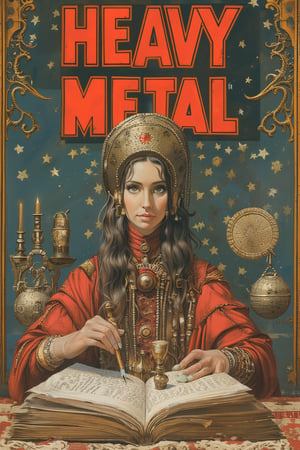 PT[WPM], (Perfectly recreate the logo of Heavy Metal magazine and use the correct font and design for the text "Heavy Metal" as the world famous magazine:1.4), Generate a cover for the magazine "Heavy Metal featuring:  (masterpiece, top quality, best quality, official art, beautiful and aesthetic:1.2), (1girl:1.4), extreme detailed, A female astrologer transcribing information, (medieval manuscript style) mixed with Gustave Moreau's painting style,3g3Kl0st3rXL