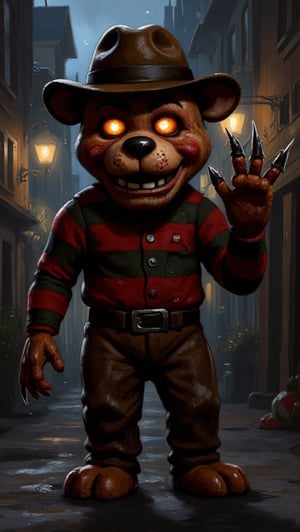 Freddy Fazbear's gruesome visage is distorted in a twisted fusion with the razor-sharp claws and sinister grin of Freddy Krueger. Wearing a red and black striped sweater and brown fedora, once a harmless mascot, now seems like a macabre nightmare come to life As he looms over a dark alleyway, his eyes glowing with an otherworldly intensity, the blades fingernails on his left hand glint in the moonlight.