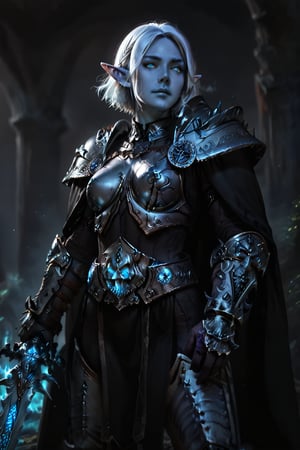 Score_9, score_8_up, score_7_up,Expressiveh,concept art,dark theme,Extremely Realistic, realistic, masterpiece, 1girl, solo, short hair, blue eyes, weapon, white hair, pointy ears, signature, armor, glowing, colored skin, elf, shoulder armor, gauntlets, pauldrons, breastplate, blue skin, white eyes,wearing arth4s armor