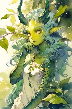 Score_9, score_8_up, score_7_up, SFW, realistic, masterpiece, 16k, 1girl, solo, grinning, long hair, leaf clothing, leaf dress, small breasts, green hair, collarbone, highly detailed eyes, yellow eyes, ((monster skin, colored skin, green skin, non-human skin tone)), dark green lipstick, pointed ears, elf ears, full body shot, parted lips, solo focus, lips, leaf, plant,plant girl, nature, monster girl, leaves blowing in the wind,watercolor \(medium\),pencil sketch