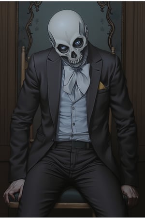 solo, looking at viewer, blue eyes, shirt, 1boy, sitting, jacket, male focus, necktie, black jacket, ascot, mask, formal, suit, skull, black suit PT[WPM]