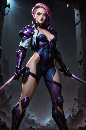 Score_9, score_8_up, score_7_up,Expressiveh,concept art,dark theme,Extremely Realistic, realistic, masterpiece, 8k, 1girl, solo, breasts, looking at viewer, short hair, holding, medium breasts, standing, jacket, weapon, pink hair, purple hair, multicolored hair, boots, sword, holding weapon, armor, two-tone hair, bodysuit, makeup, scar, facial mark, holding sword, lipstick, shoulder armor, dual wielding, asymmetrical hair, leather, undercut, facial tattoo, purple lips, cyberpunk, (shadowrun_character,high-tech lowlife,shadowrun_surface)