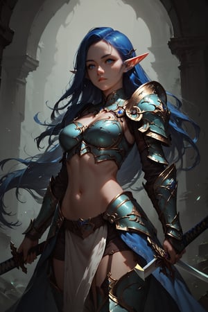score_9, score_8_up, score_7_up, dark theme, concept art, Expressiveh, Extremely Realistic, 1girl, solo, long hair, navel, blue hair, weapon, pointy ears, midriff, sword, armor, elf