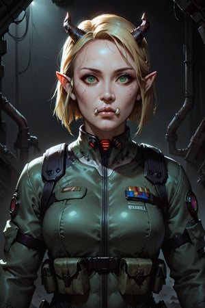 Score_9, score_8_up, score_7_up,Expressiveh,concept art,dark theme,Extremely Realistic, realistic, masterpiece, 16k, SFW, cyberpunk, concrete bunker, 1girl, solo, looking at viewer, upper body, side view, short hair, blonde hair, green eyes, broad shoulders, broad face, short neck, muscular, pointy ears, ((lower tusks, lower jaw tusks))),  (((four bone horns, small horns))), lips, high tech goggles, goggles on head, nose, military combat suit, black combat suit, army green tactical jacket, army green pants, (((shadowrun_surface,high-tech lowlife, shadowrun_character)))