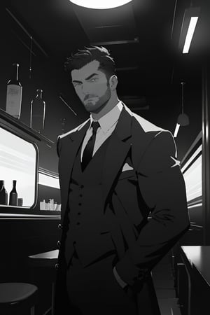 SFW, sole_male, mid 20's, (((line art))), ((greyscale)), black and white, flat color, 

(dark hair, classic side part with medium fade), average build, average height, (masculine, face, handsome face, slight stubble), detailed face, neutral expression, 

{(grey trenchcoat), (black vest), (white dress shirt), (black tie), (dress pants)}, 

Standing, facing_viewer, (1940's asthetic, speakeasy, nightclub, dimly lit), 

1dk, portrait, score_9, score_8_up, score_7_up, 8k, (very detailed), high detailed texture, depth of field, sharp foucs, 

Neo Noir asthetic, Low-key lighting Style, soft lighting,

