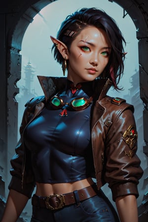 Score_9, score_8_up, score_7_up,Expressiveh,concept art,dark theme,Extremely Realistic, realistic, masterpiece, 16k, cyberpunk bar, sfw, upper body, 1girl, Filipina, Asian, dark skin, solo, short hair, black hair, jewelry, green eyes, earrings, ((pointy ears, elf)), lips, scar, piercing, goggles, ear piercing, goggles on head,nose, brown leather bomber jacket, black jeans, belt, black t-shirt, (shadow run_character, shadowrun_surface ,high-tech lowlife)