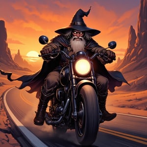 A close-up shot of a wizard's face, eyes gleaming with magical intensity as he rides a sleek black motorcycle down a winding desert highway at sunset. The warm orange glow of the setting sun casts long shadows across the sandy terrain. The wizard's robes flow behind him like a cape, his pointed hat held firmly in place by a leather strap. He's focused on the road ahead, wisps of smoke curling from the exhaust pipes as he navigates the twists and turns. DonM7w1573dW0nd3rl4ndFX,lyh