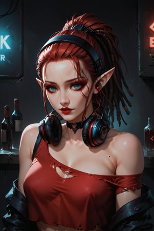 Score_9, score_8_up, score_7_up,Expressiveh,concept art,dark theme,Extremely Realistic, realistic, masterpiece, 1girl, cyberpunk bar, solo, red hair, red shirt, bare shoulders, upper body, ponytail, dreadlocks, hairband, choker, pointy ears, off shoulder, torn clothes, makeup, headphones, dark red lipstick, off-shoulder shirt, headphones around neck, gothic, red eyeshadow, elf, pointed ears, (,shadowrun_surface