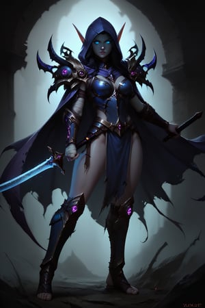 Score_9, score_8_up, score_7_up,Expressiveh,concept art,dark theme,Extremely Realistic, realistic, masterpiece, 1girl, solo, long hair, grey skin,  glowing blue eyes, black hair, holding, standing, full body, weapon, foot wraps, sword, hood, cape, holding weapon, dark metal armor, glowing, holding sword, glowing eyes, vambraces, purple hooded cloak, blue glow, (,DonMD34thKn1gh7XL,runeblade,death knight),bldelf, pointy ears, colored sclera, no pupils, blue accents on armor, 