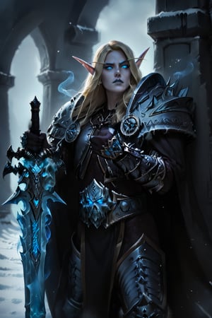 Score_9, score_8_up, score_7_up,Expressiveh,concept art,dark theme,Extremely Realistic, realistic, masterpiece, 1boy, elf, pure white skin, highly detailed face, perfect face, scowl, long blonde hair, pointy ears, wearing arth4s armor, glowing blue eyes, wielding runeblade, blue smoke, grey lips, blue energy  drifting upward from eyes, (,bldelf, no pupils, glowing eyes, colored sclera), winter winds, snowy breeze, duel wield, runeaxe, 