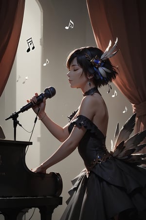 Score_9, score_8_up, score_7_up,Expressiveh,concept art,dark theme,Extremely Realistic, realistic, masterpiece, 1girl, solo, short hair, black hair, hair ornament, dress, bare shoulders, closed eyes, feathers, curtains, musical note, microphone, eighth note, music, singing, microphone stand,TechStreetwear