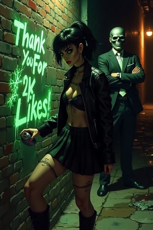 A dimly lit alleyway serves as the backdrop for this striking scene. The beautiful undead female punk rocker, dressed in ripped fishnets a black pleated skirt and a black leather jacket, grips a spray paint can with a rebellious intensity. Her pale skin seems to glow in the faint streetlight, while her jet-black hair hangs like a curtain of darkness. With a bold stroke, she's painting "Thank You For 2K Likes!" on the worn brick wall, a wry commentary on the fleeting nature of social media fame. The spray paint crackles with a green necromatic energy while a man in a ((black suit and white tie)) wearing a ((silver metallic skull mask)) stands in the background arms folded approvingly. (((The man in the mask MUST have a white tie)))