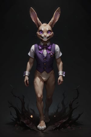 Score_9, score_8_up, score_7_up,Expressiveh,concept art,dark theme,Extremely Realistic, realistic, masterpiece, 16k, solo, looking at viewer, smile, simple background, bow, animal ears, purple eyes, full body, male focus, teeth, perfect teeth, bowtie, star \(symbol\), rabbit ears, grin, vest, no humans, black background, furry, purple bow, rabbit, purple bowtie, whiskers, tan fur, horror \(theme\)